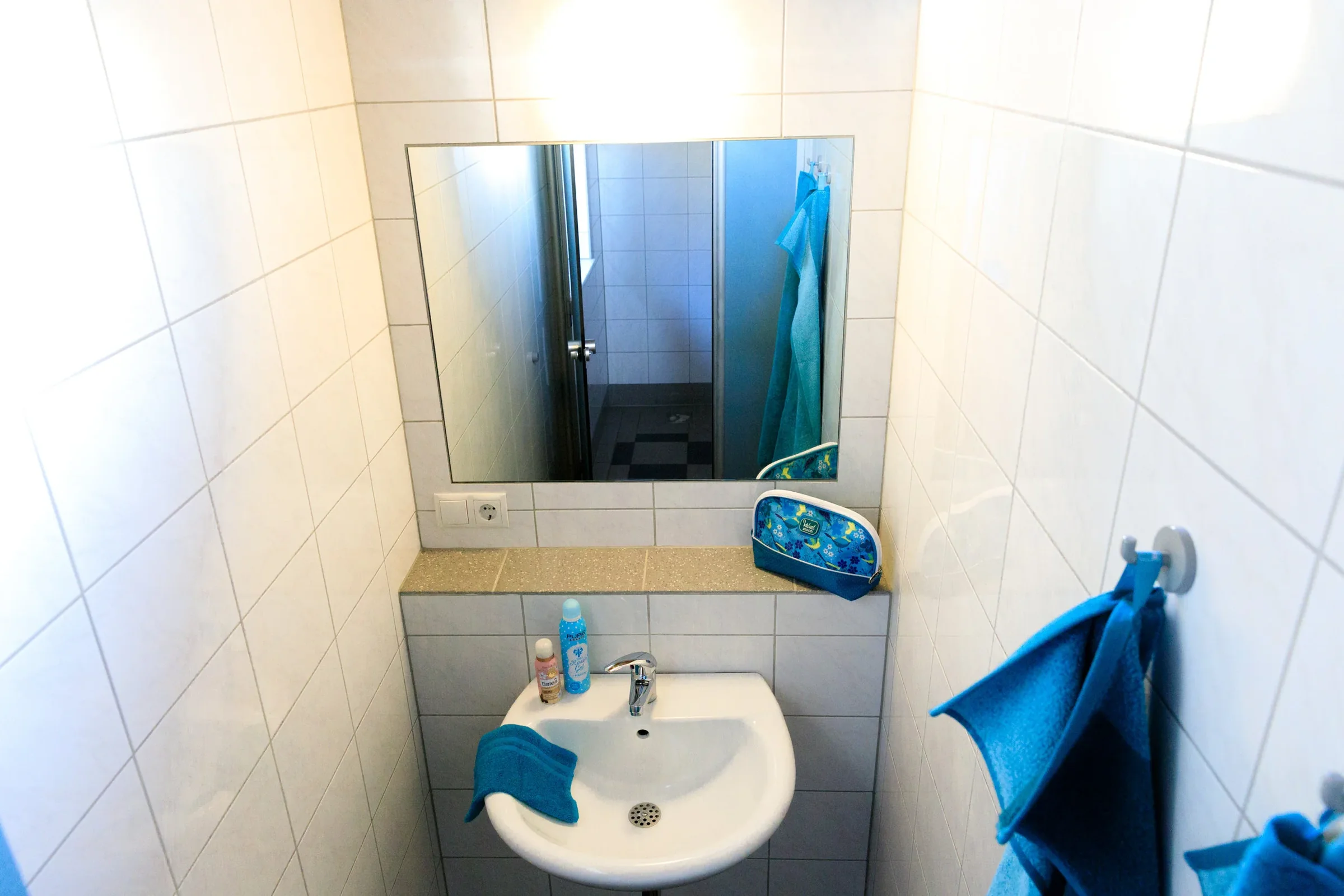 Einzelwaschkabine mit Spiegel, Waschbecken und Handtuch.